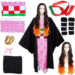 NWT Anime Girls Kamado Cosplay Costume Suit Full Set Kimono for Halloween size S